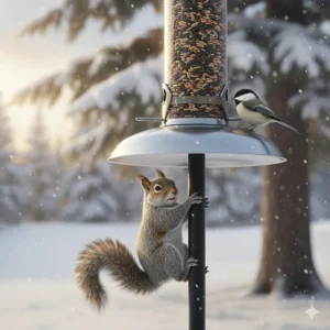 A squirrel-proof baffle attached to a pole feeder to protect sunflower seeds meant for winter bird feeding.