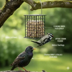 Illustration of an upside-down suet feeder designed to allow woodpeckers to feed while deterring starlings and grackles.