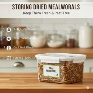 Diagram showing a cool, dry storage container for keeping dried mealworms fresh and pest-free.