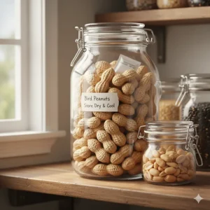 Illustration of an airtight container used to keep bird peanuts fresh and dry.