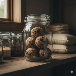 A graphic showing suet balls stored in a sealed container in a cool, dry place to prevent melting.