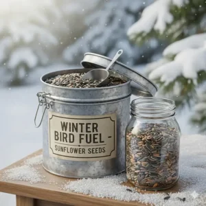 An airtight metal container used for storing sunflower seeds to keep them dry and fresh for winter birds.