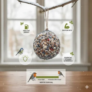 An infographic highlighting the high-fat and protein content of suet balls for avian health.