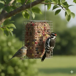 Illustration of a high-energy suet cake with seeds and berries, a top choice for wild birds during winter.