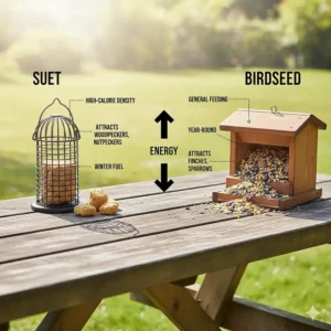 A comparison chart showing the high-energy benefits of suet for bird feeders during winter versus traditional birdseed.