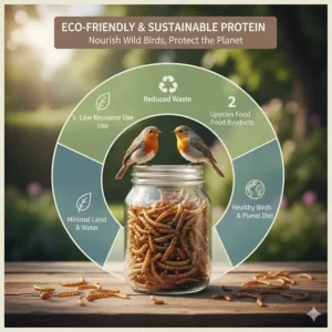 Graphic explaining why dried mealworms are a sustainable and eco-friendly protein source for wild birds.
