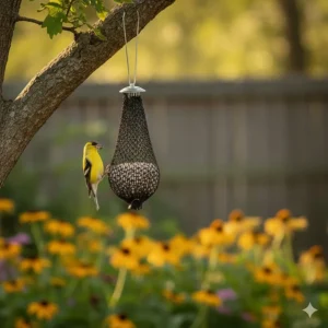 A yellow goldfinch clinging to a black mesh bird feeder designed for Nyjer or thistle seed.