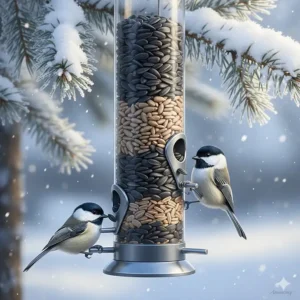 A clear tube feeder filled with striped sunflower seeds hanging from a frosted tree branch.