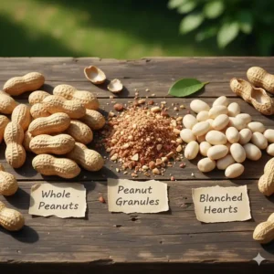 Illustration comparing whole peanuts in shells, peanut granules, and blanched peanut hearts for birds.