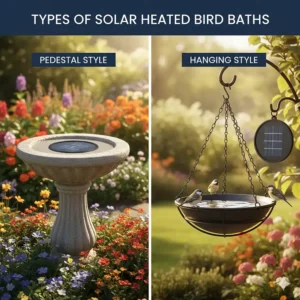 A split-view illustration showing a pedestal style and a hanging solar heated bird bath.