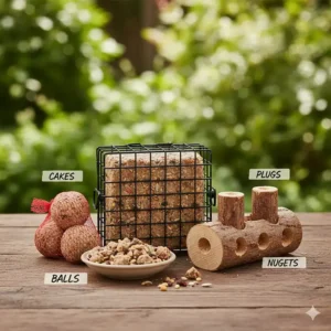 Illustration showing different suet formats including cakes, balls, plugs, and suet nuggets for various bird feeders.