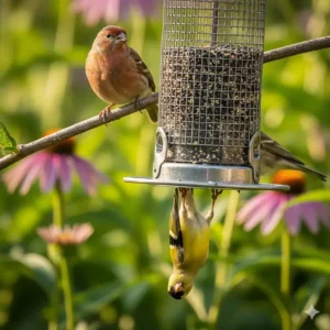 An upside-down goldfinch feeder designed to allow goldfinches to feed while deterring house finches.