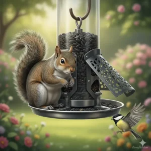 Close-up of a squirrel proof bird feeder mechanism closing the seed ports under a squirrel's weight.