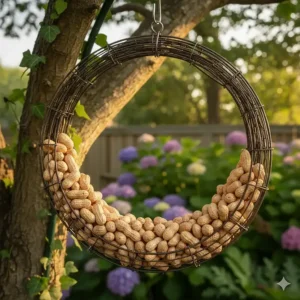 A circular wire wreath bird feeder for peanuts in the shell hanging from a tree branch.
