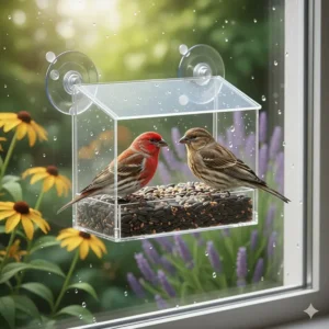 A suction-cup window bird feeder providing a close-up view of a house finch eating.