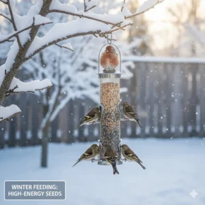 An illustration of a finch feeder in a snowy backyard providing high-energy seeds during winter months.