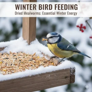 Illustration of a bird feeder in snow highlighting dried mealworms as an essential winter energy source.