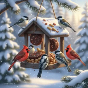 Illustration of birds feeding on high-protein peanuts during the cold winter months for energy.