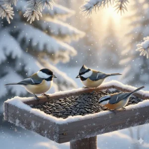 Group illustration of a Chickadee, Nuthatch, and Titmouse gathering around a tray of sunflower seeds in winter.