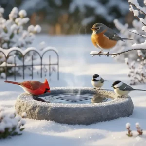 Close-up of birds drinking from an ice-free solar heated bird bath during winter.
