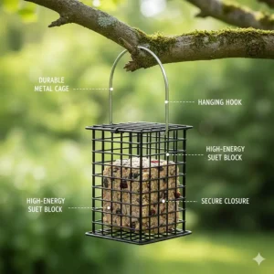 A diagram of a standard metal wire cage designed to hold a single suet cake for clinging birds.