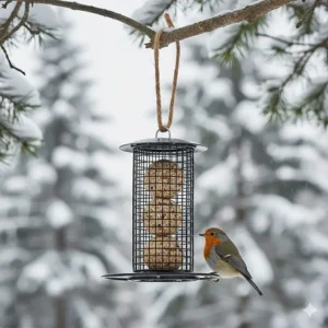 A diagram of a metal wire cage feeder specifically designed to hold multiple suet balls.