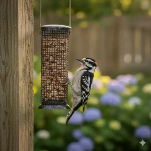 A Downy Woodpecker clinging to a vertical bird feeder for peanuts and suet.