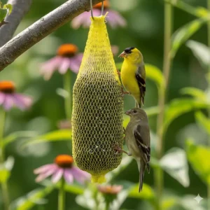 A soft yellow mesh sock feeder hanging from a branch with two goldfinches clinging to the fabric.