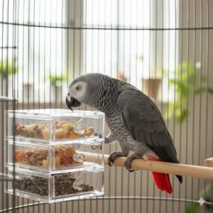 Transparent acrylic bird puzzle toy featuring pull-out drawers for mental stimulation.