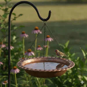 An antique copper hanging bird bath with a scalloped edge design for small songbirds.
