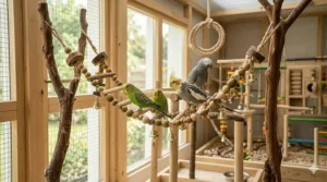 A flexible suspension bridge toy made of wooden beads and bells for pet birds.