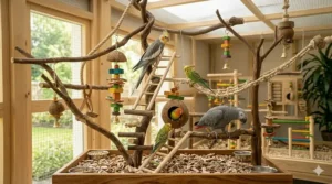 A tabletop bird play gym with various climbing toys, ladders, and textures for out-of-cage exercise.