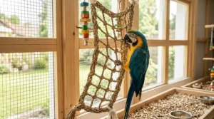 A large hand-woven seagrass climbing net for parrots attached to a cage wall.
