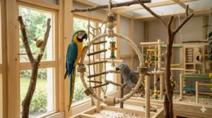 A dual-purpose bird swing and climbing toy hanging from the center of a large flight cage.