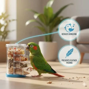 An infographic-style illustration showing a happy conure engaging with a foraging toy to reduce boredom and feather picking.