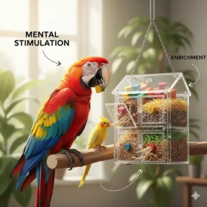 Illustration of a happy macaw engaging with a hanging bird foraging box for mental stimulation.