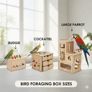 Comparison illustration of bird foraging box sizes for budgies, cockatiels, and large parrots.