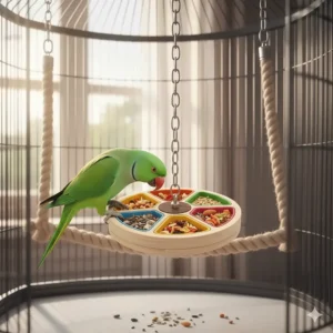 An interactive carousel bird puzzle toy with rotating compartments for treats.