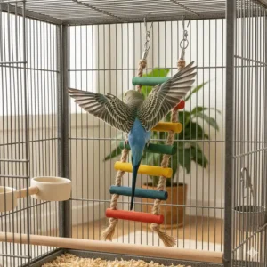 Illustration of a bird stretching its wings while climbing a flexible rope ladder for physical enrichment.
