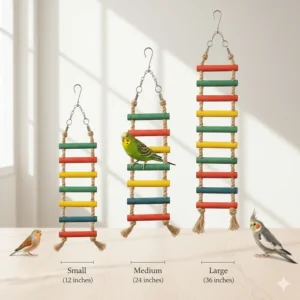 Illustration showing different lengths of bird rope ladders next to various bird species for scale.