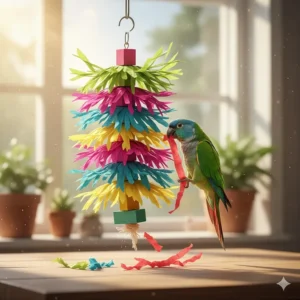 A colorful hanging bird toy made of shredded paper and palm leaves designed for natural foraging instincts.