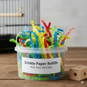 Colorful crinkle paper refills used in DIY paper shredding toys for birds.