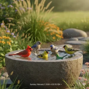Various songbirds bathing and splashing in a shallow stone modern bird bath in a sunny garden setting.