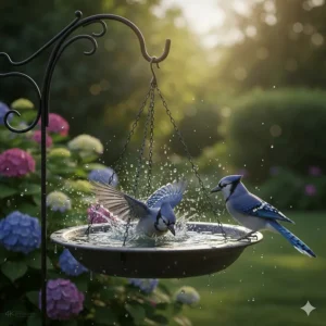 Two blue jays splashing in a shallow hanging bird bath attached to a garden hook.