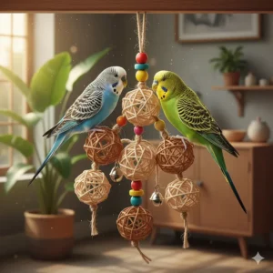 A small-scale foraging toy featuring woven wicker balls and bells suitable for budgies and cockatiels.