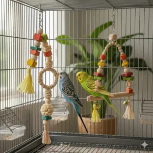 Small-scale colorful bird chew toys and swings designed specifically for budgies and cockatiels.