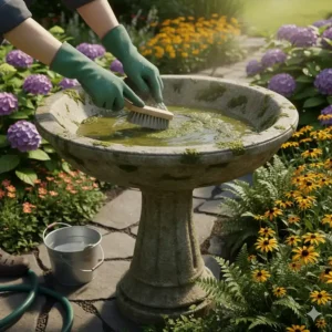 Step-by-step illustration of scrubbing algae off a natural stone bird bath with a soft brush.
