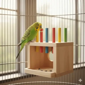 A bird logic puzzle toy where parrots sort rings by color to earn rewards.