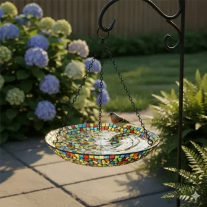 Vibrant mosaic glass hanging bird bath reflecting sunlight in a backyard setting.