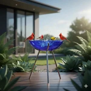 Vibrant blue hand-blown glass modern bird bath bowl supported by a contemporary tripod steel stand.